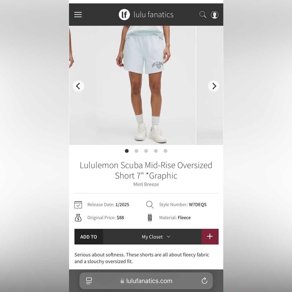 NWT Lululemon Scuba Mid-Rise Oversized Short 7" *Graphic
Mint Breeze